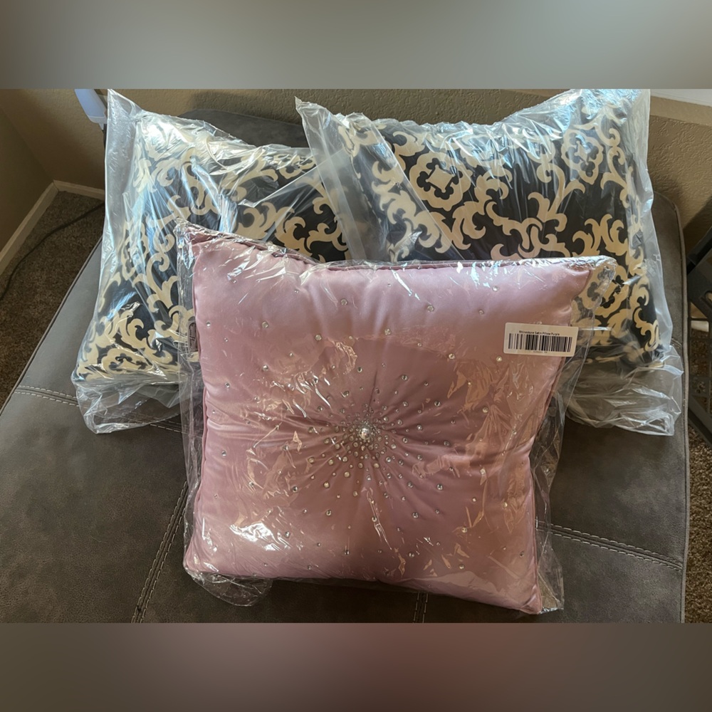 1-Pink Decorative Accent Pillow with crystal accents, 2 Black/Cream Pillows Set